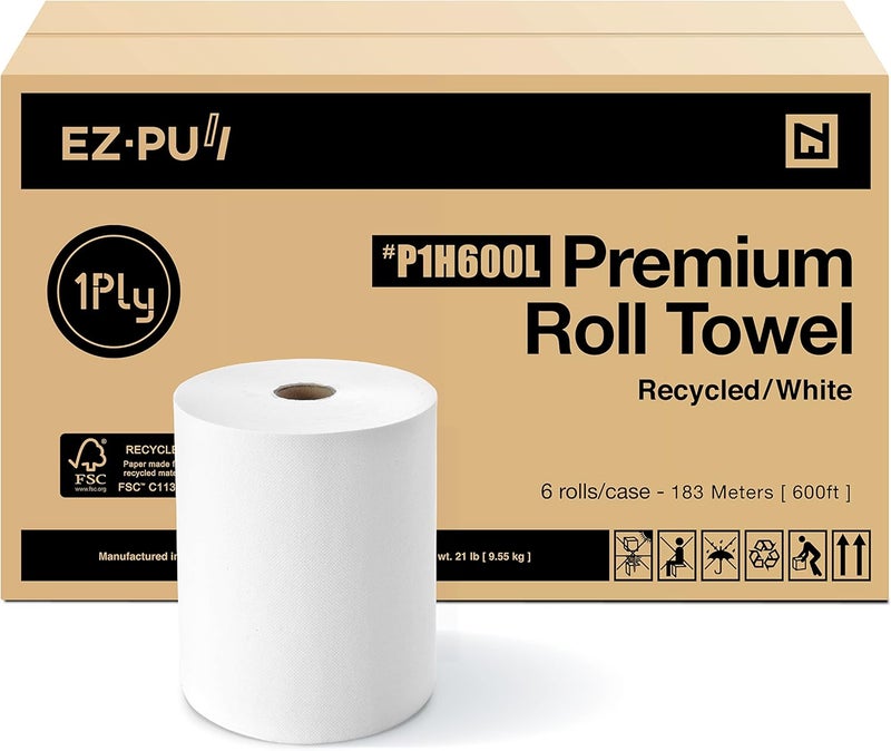 EZPULL EZ-Pull Premium 1ply Hand Towel Roll Paper, FSC certified Recycled/White, 6 Rolls x 600ft, Universal 8.0" X 1.5" Core, P1H600L - Image 1